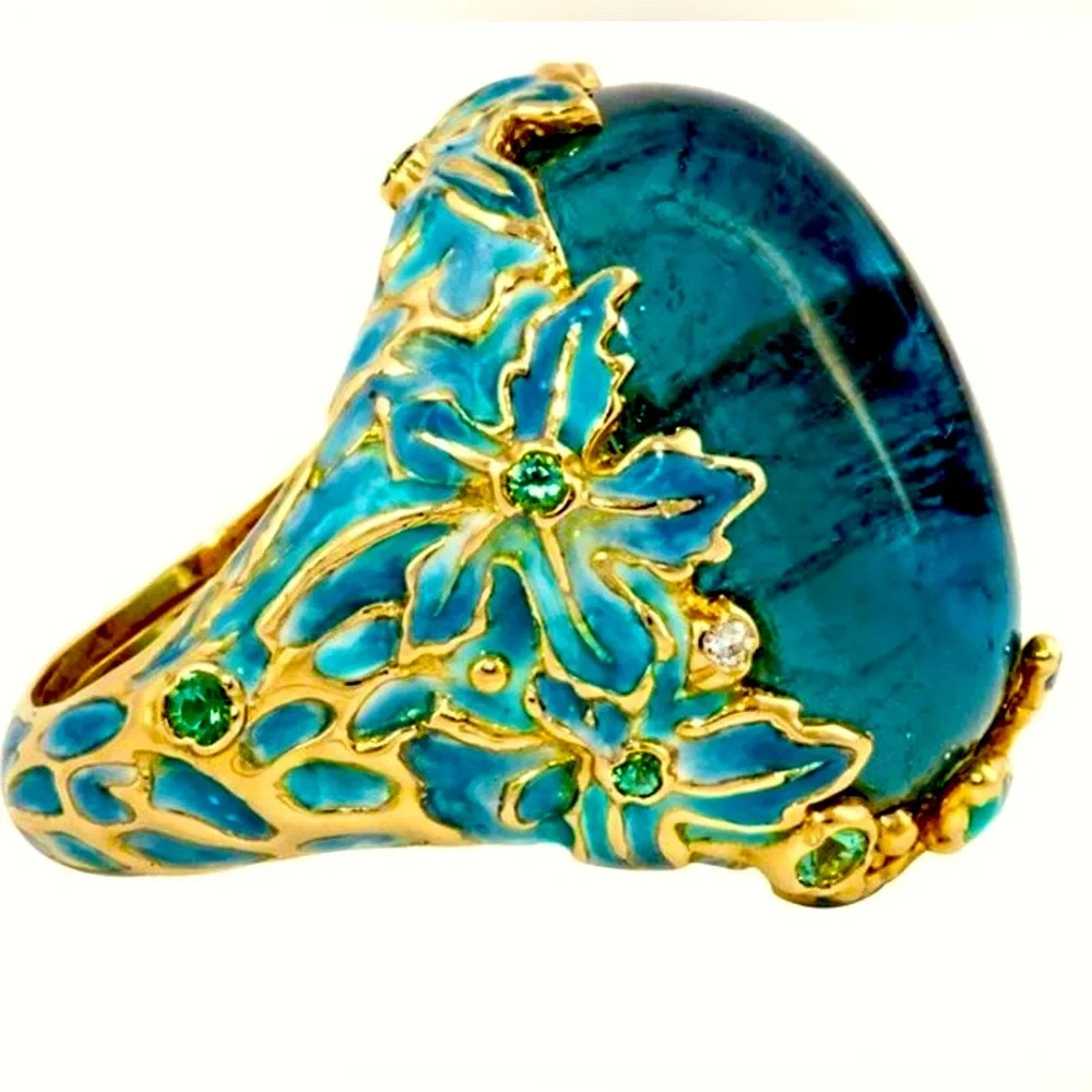 EXQUISITE BLUE STONE DOME RING Y2K Artsy Boho Gold Blue Rhinestone Chips SZ6